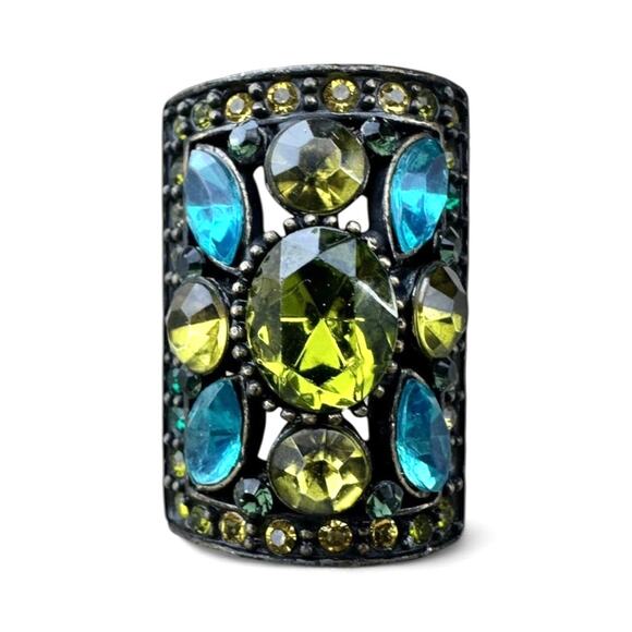 Green & Blue Glass Rhinestone Statement Ring Brass Tone Gallery Adjustable Sz 8 - Picture 1 of 4